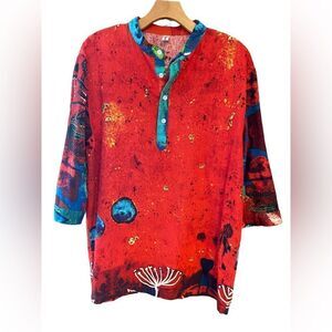 Two-Sided Red Cotton Bohemian Bali Mandarin Collar 3/4 Button Sleeve Tunic